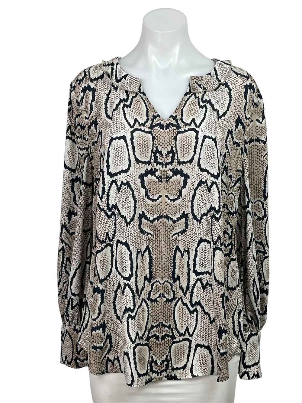 Cabi Beige Black Long Sleeve Snakeskin Print Ruffle Collar V-neck Blouse Top M
